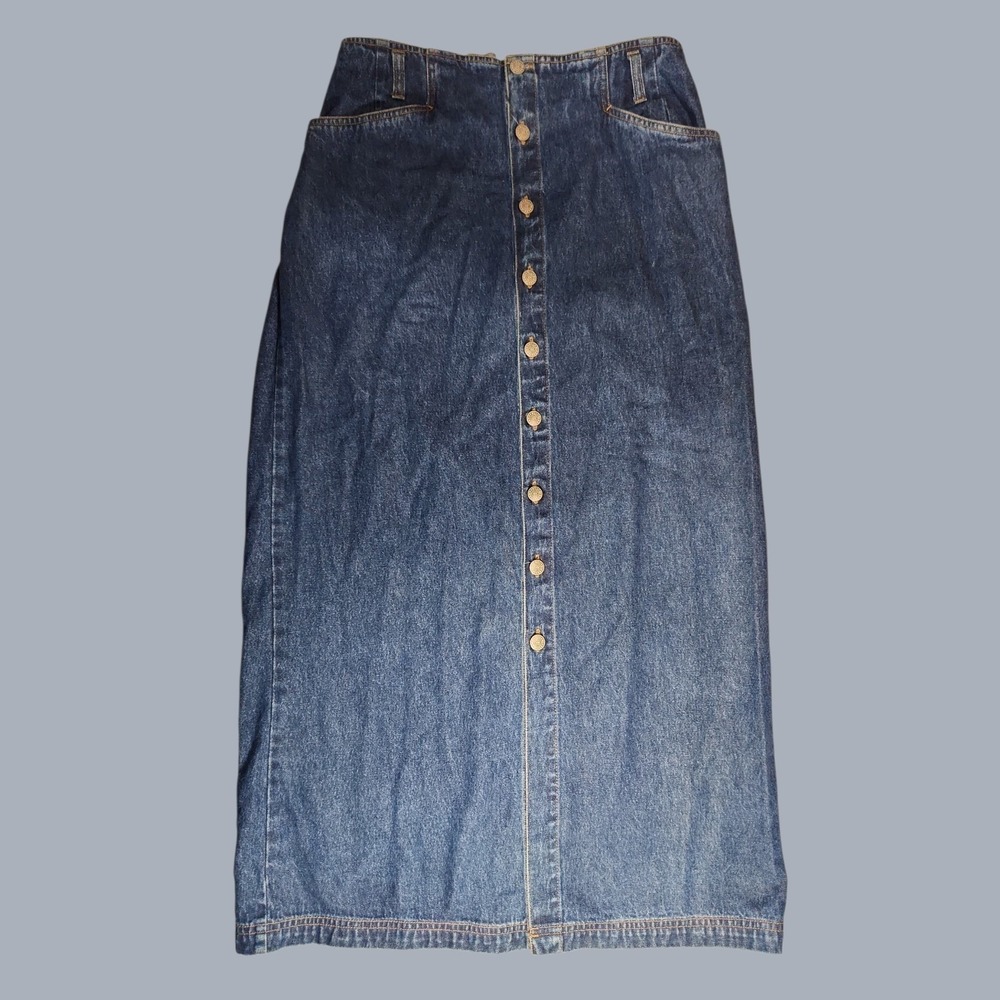 Bill Blass Vintage 100% Cotton Denim Long Skirt Button Front Size 8